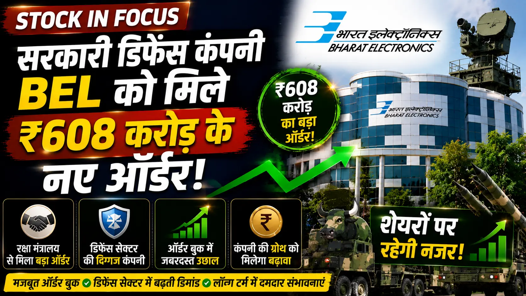 Stock in Focus: सरकारी डिफेंस कंपनी BEL को मिले ₹608 करोड़ के नए ऑर्डर, शेयरों पर रहेगी नजर 1 Stock in Focus सरकारी डिफेंस कंपनी BEL को मिले ₹608 करोड़ के नए ऑर्डर शेयरों पर रहेगी नजर