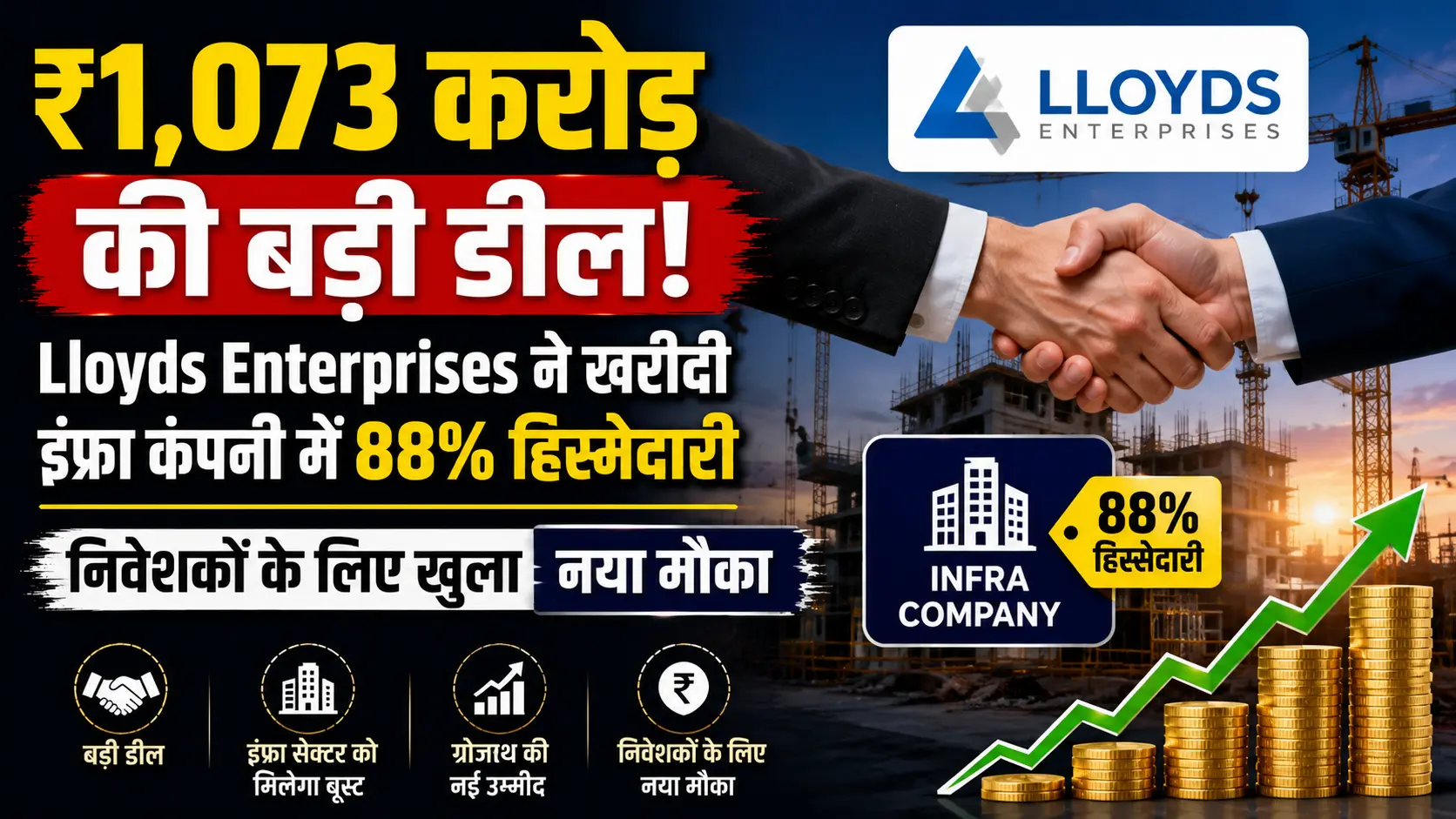 1073 करोड़ की बड़ी डील Lloyds Enterprises ने खरीदी इंफ्रा कंपनी में 88 हिस्सेदारी निवेशकों के लिए खुला नया मौका
