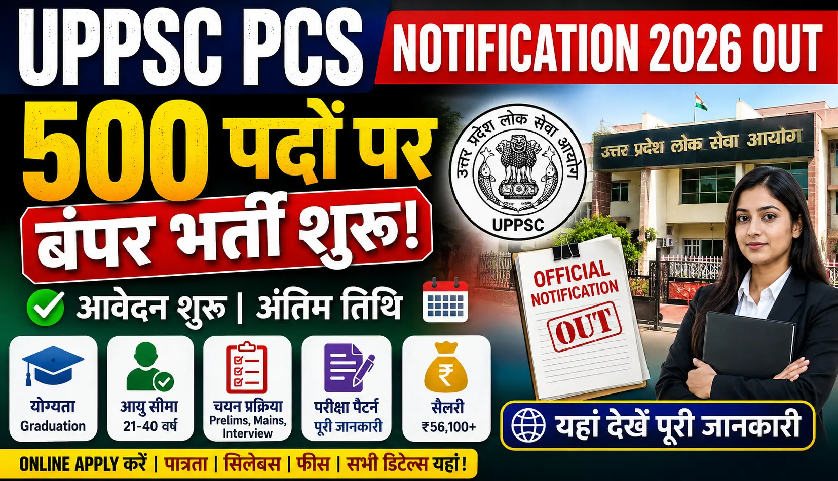 UPPSC PCS Notification 2026 OUT 500 पदों पर बंपर भर्ती, आवेदन शुरू