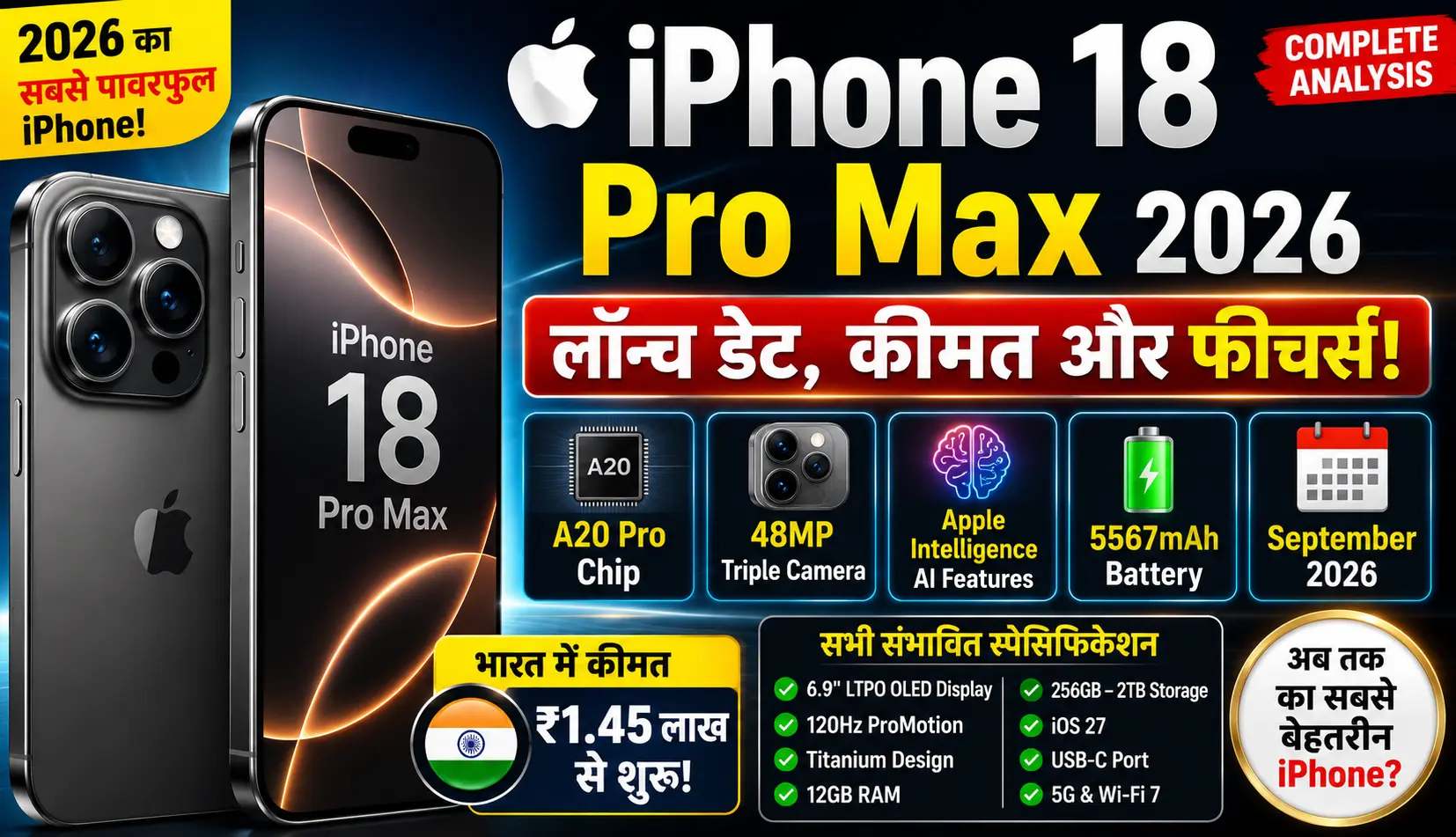 iPhone 18 Pro Max 2026 लॉन्च डेट, भारत में कीमत, फीचर्स, कैमरा, बैटरी और सभी संभावित स्पेसिफिकेशन